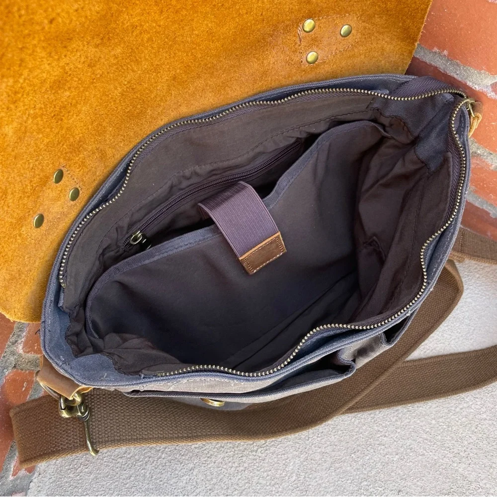 🆕WOWBOX 14” Canvas & Crazy Horse Leather Laptop Messenger Satchel Bag